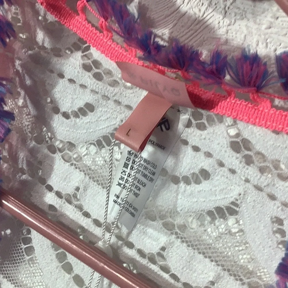 PILYQ NEW - Sz L - White Lace Cardigan with Pink and Purple Tassel Trim
